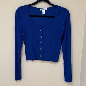 Mandee Royal Blue closed Button-Up Crop Top women’s long sleeve Size Medium NWOT